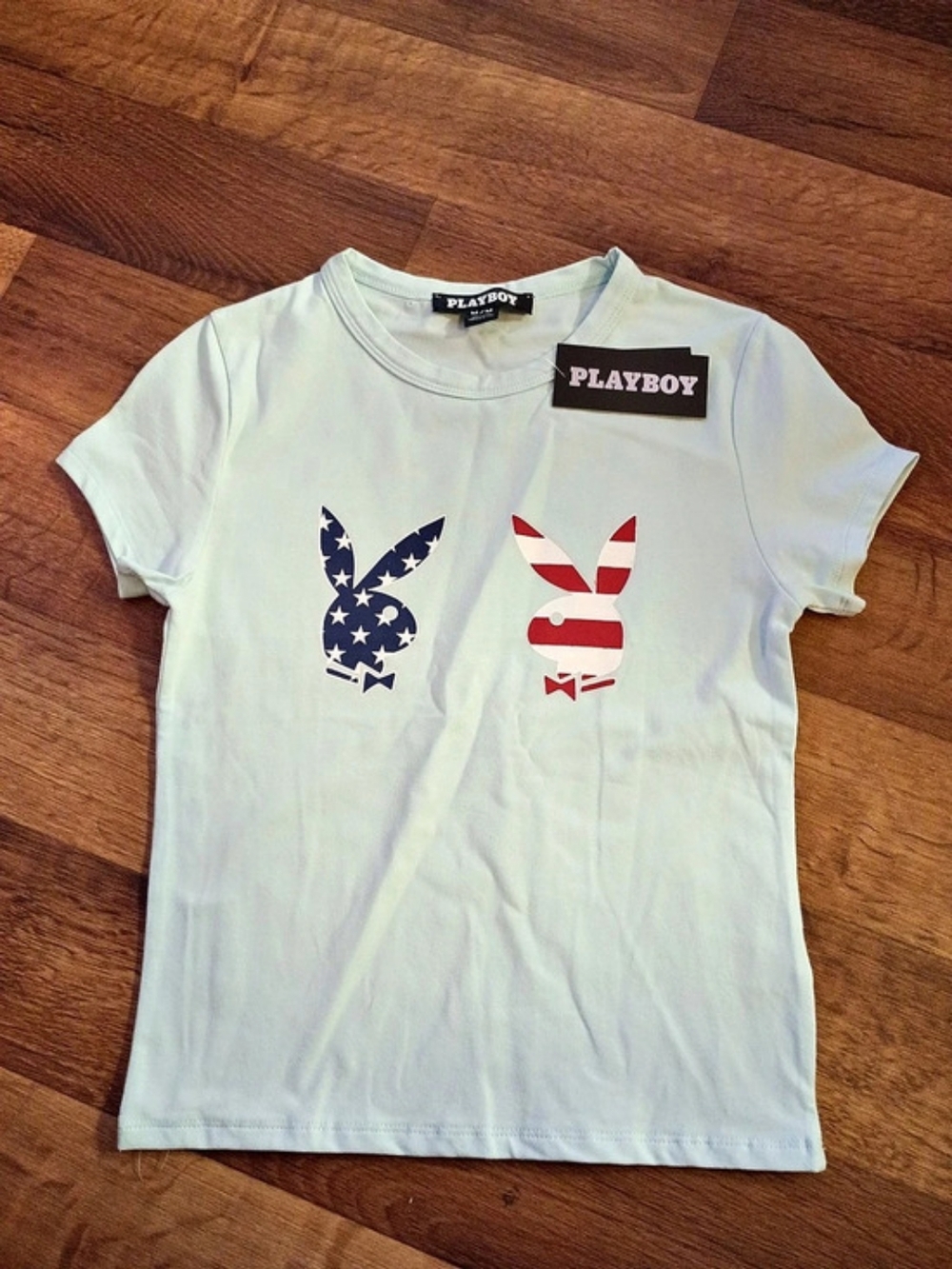 Playboy American Flag Bunny Logo Graphic T-Shirt Blue